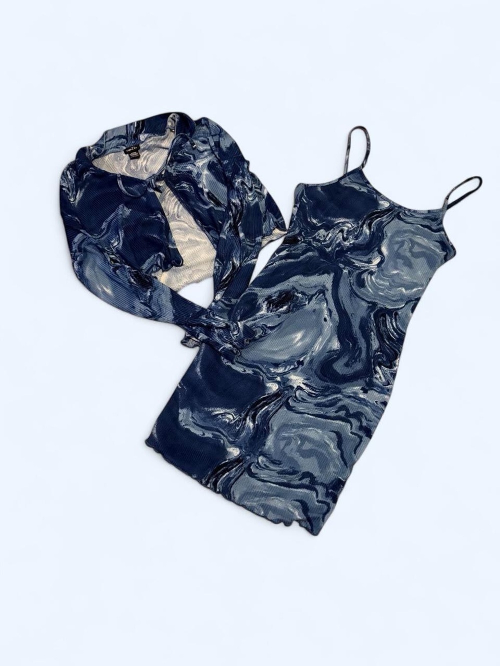 Rue 21 Blue Marble Print Slip Dress & Shrug Set -